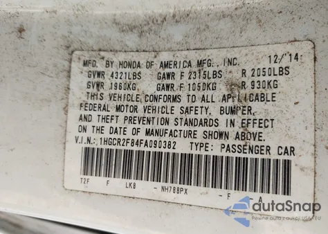 2015 Honda Accord Ex-L из США, поврежденный, VIN 1HGCR2F84FA090382